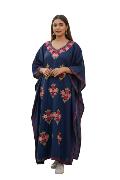 Women Cotton Kaftan | Kashmiri Aari Embroidery Ethnic Kaftan Dress | Soft Breathable Loose Fit Summer Kaftan Kurti - Blue