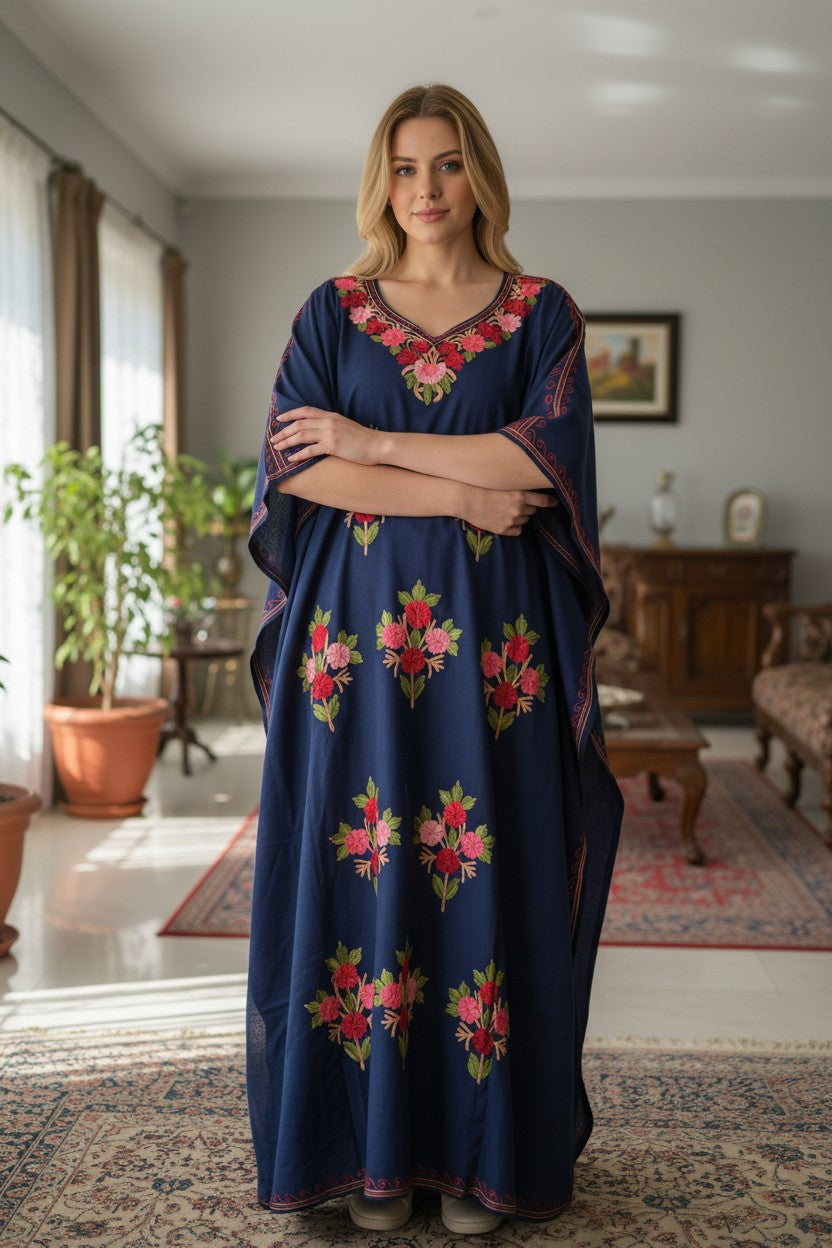 Women Cotton Kaftan | Kashmiri Aari Embroidery Ethnic Kaftan Dress | Soft Breathable Loose Fit Summer Kaftan Kurti - Blue