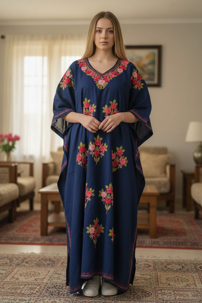 Women Cotton Kaftan | Kashmiri Aari Embroidery Ethnic Kaftan Dress | Soft Breathable Loose Fit Summer Kaftan Kurti - Blue