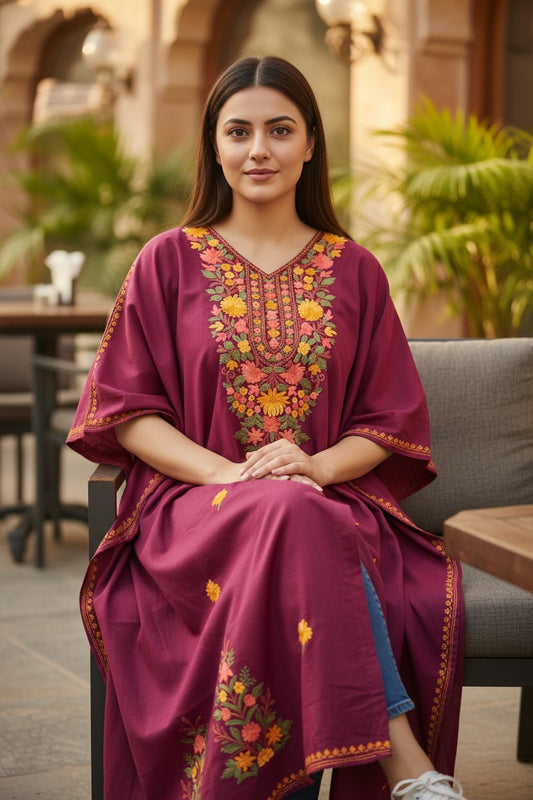 Cotton Kaftan with Kashmiri Aari Embroidery – Hand Embroidered Kashmiri Kaftan Dress for Women - Tomato Red