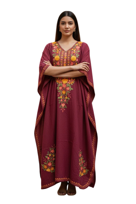 Cotton Kaftan with Kashmiri Aari Embroidery – Hand Embroidered Kashmiri Kaftan Dress for Women - Tomato Red