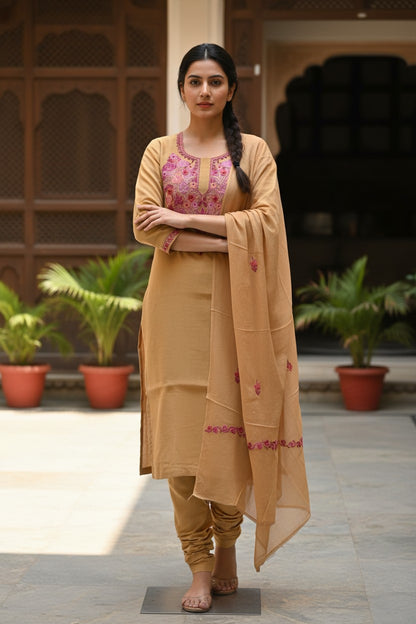 Women Silk Suits with Kashmiri Embroidery Three Piece Suit- Beige