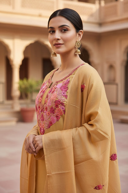 Women Silk Suits with Kashmiri Embroidery Three Piece Suit- Beige