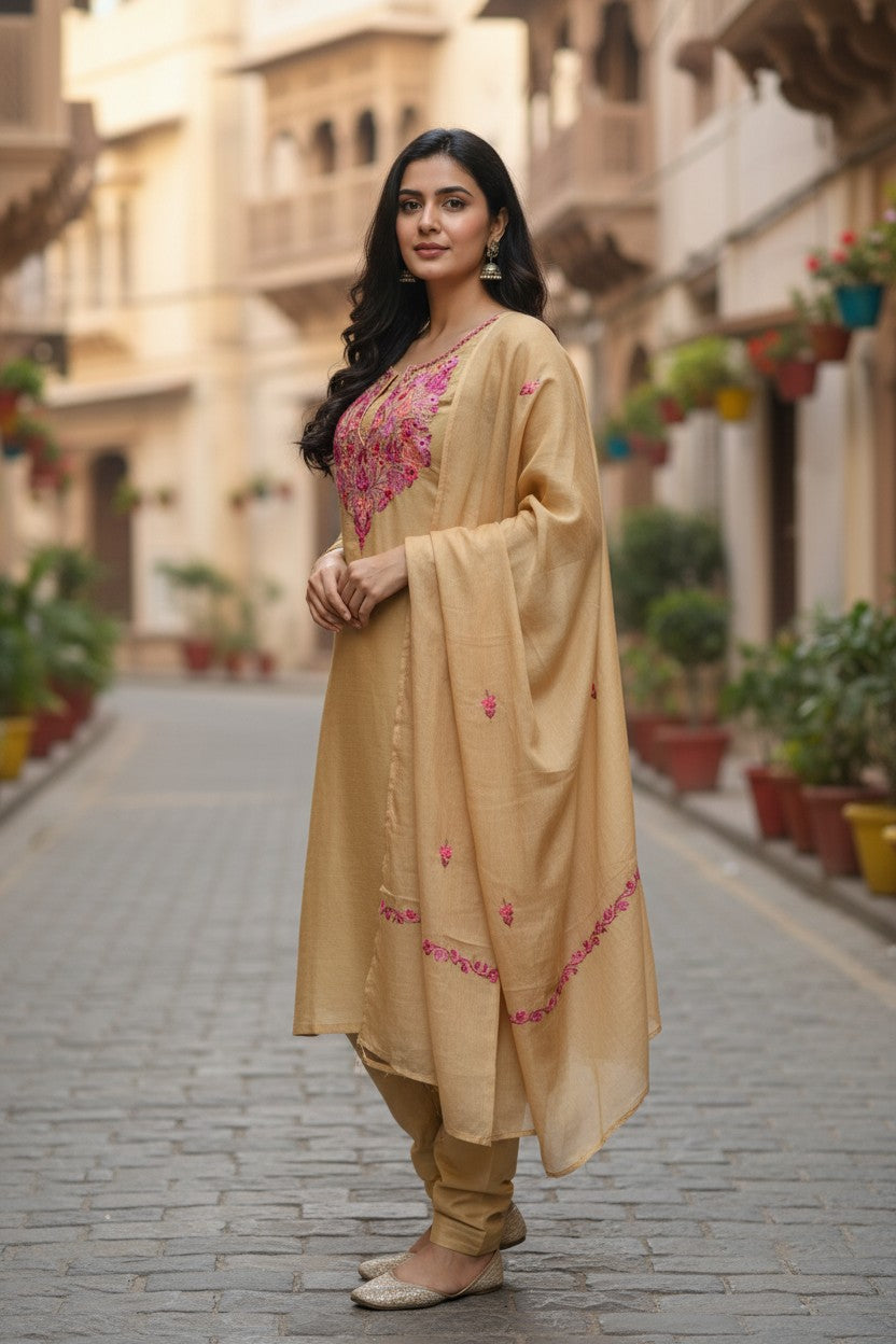 Women Silk Suits with Kashmiri Embroidery Three Piece Suit- Beige