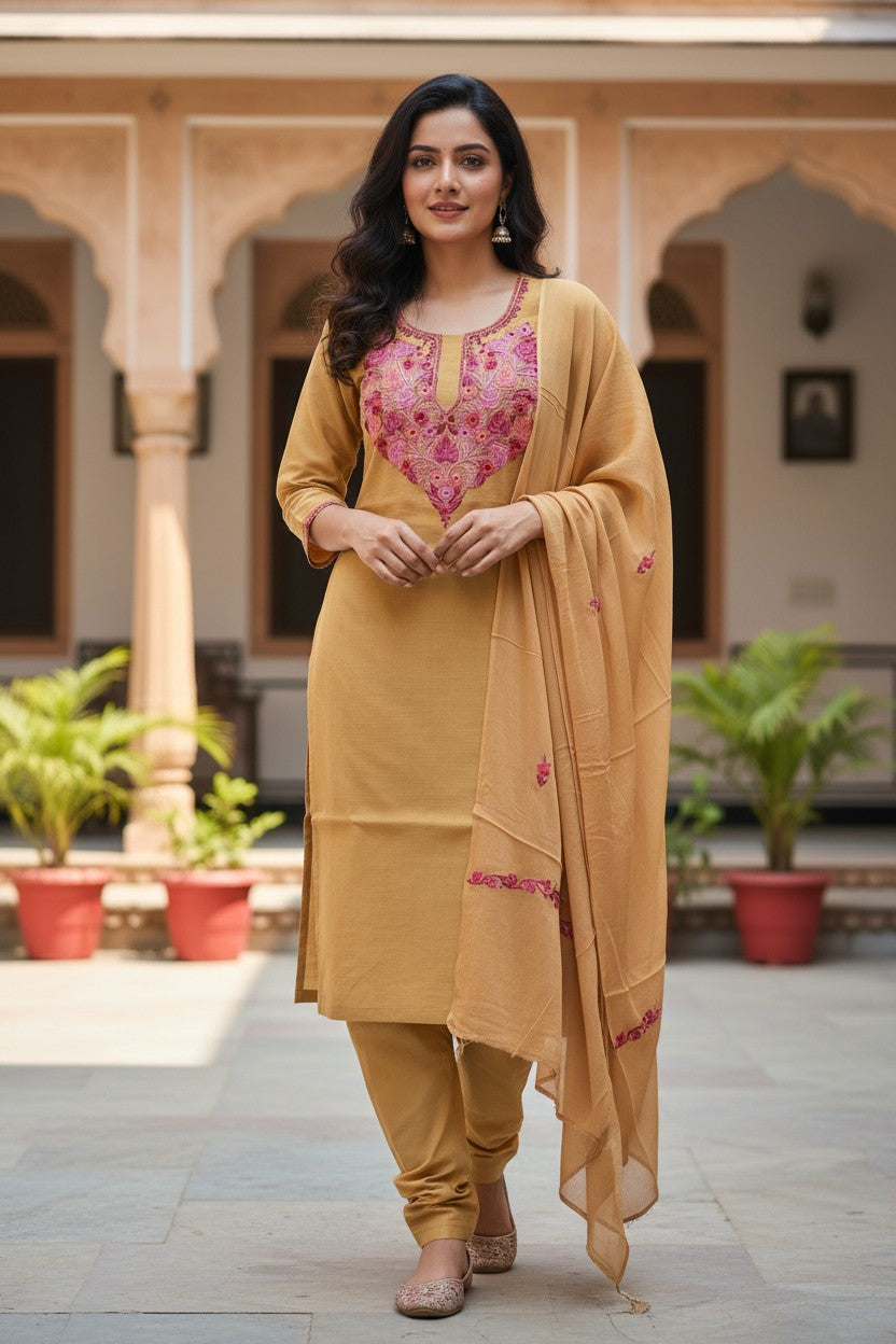Women Silk Suits with Kashmiri Embroidery Three Piece Suit- Beige