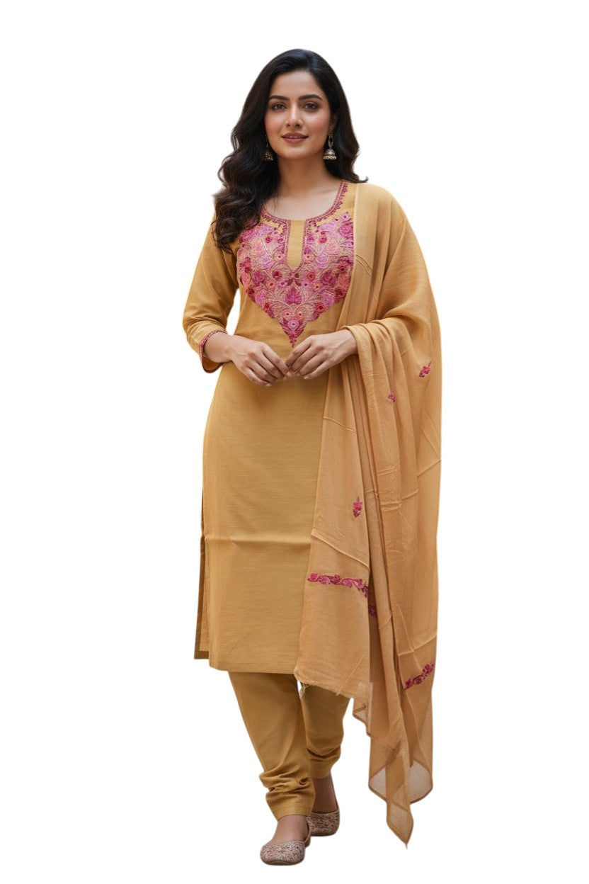 Women Silk Suits with Kashmiri Embroidery Three Piece Suit- Beige