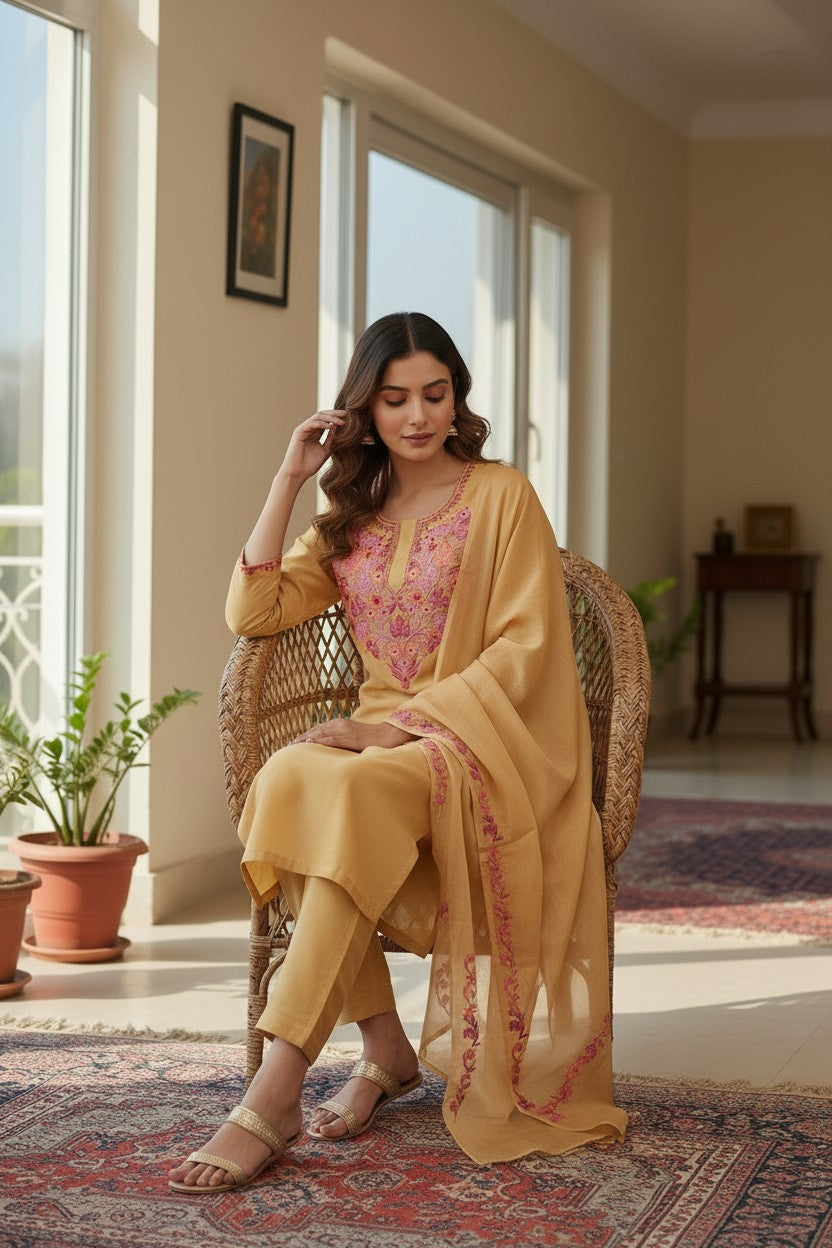 Women Silk Suits with Kashmiri Embroidery Three Piece Suit- Beige