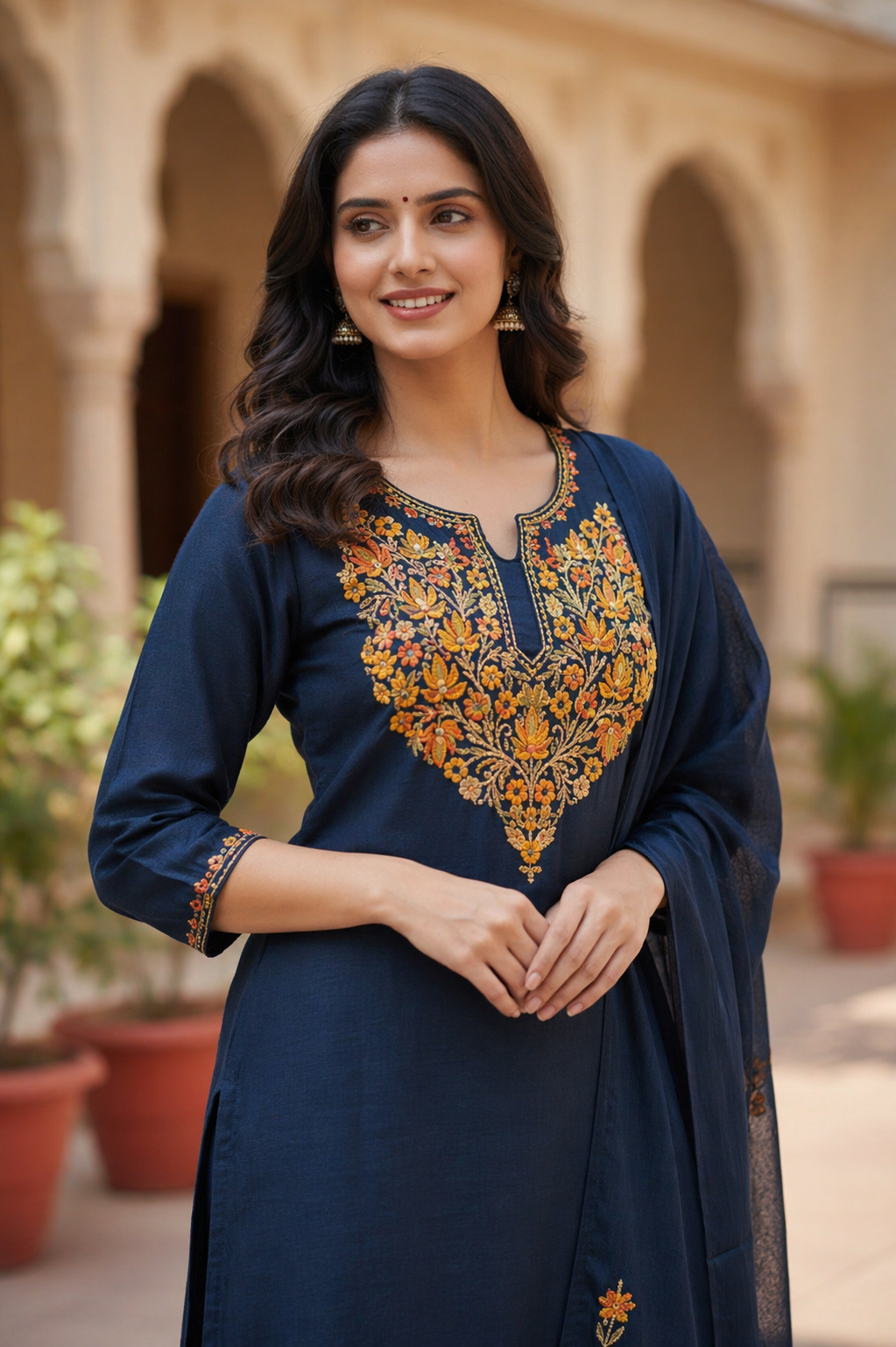 Women Silk Suits with Kashmiri Embroidery Three Piece Suit- Navy Blue