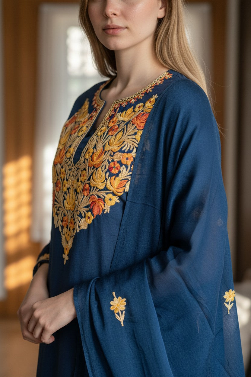 Women Silk Suits with Kashmiri Embroidery Three Piece Suit- Navy Blue