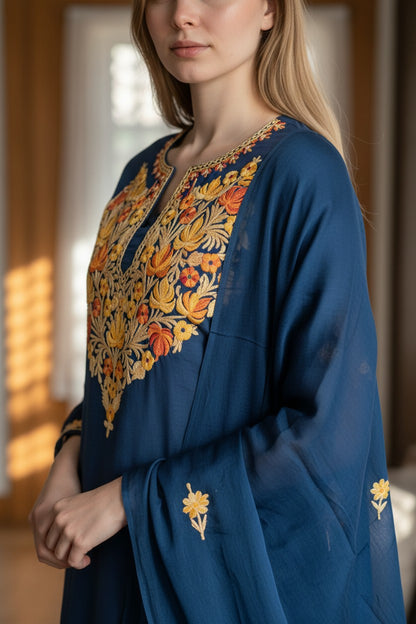 Women Silk Suits with Kashmiri Embroidery Three Piece Suit- Navy Blue
