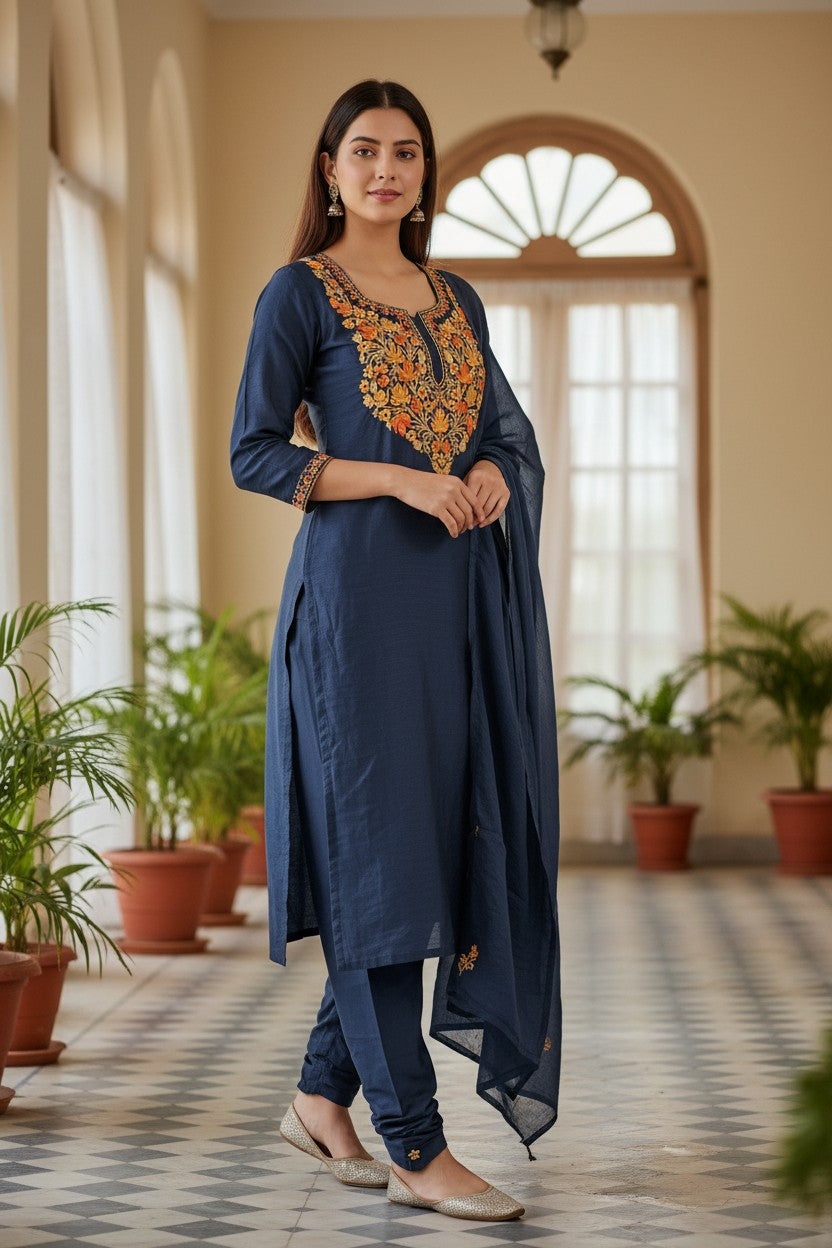 Women Silk Suits with Kashmiri Embroidery Three Piece Suit- Navy Blue