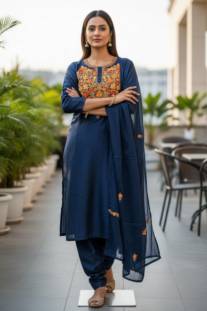 Women Silk Suits with Kashmiri Embroidery Three Piece Suit- Navy Blue