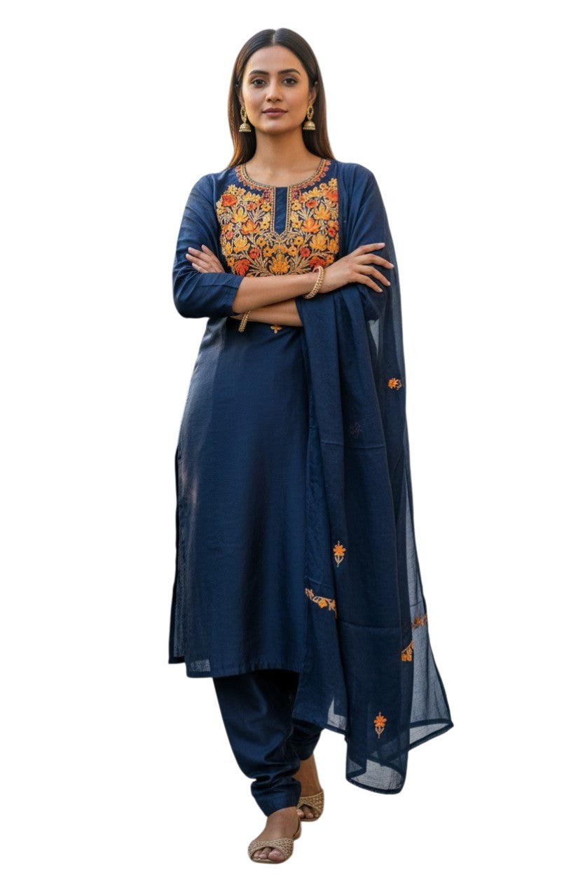 Women Silk Suits with Kashmiri Embroidery Three Piece Suit- Navy Blue