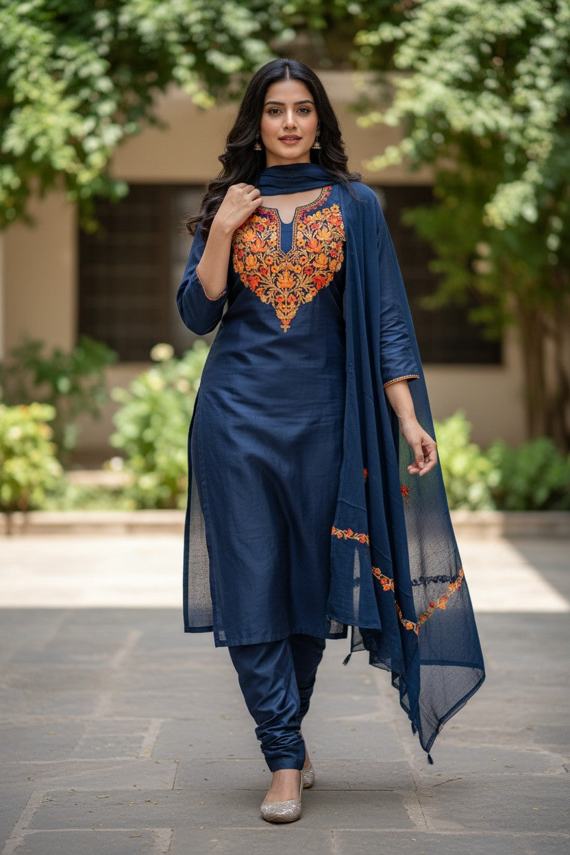 Women Silk Suits with Kashmiri Embroidery Three Piece Suit- Navy Blue