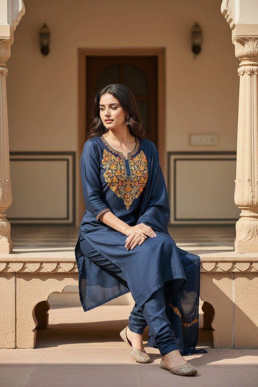 Women Silk Suits with Kashmiri Embroidery Three Piece Suit- Navy Blue