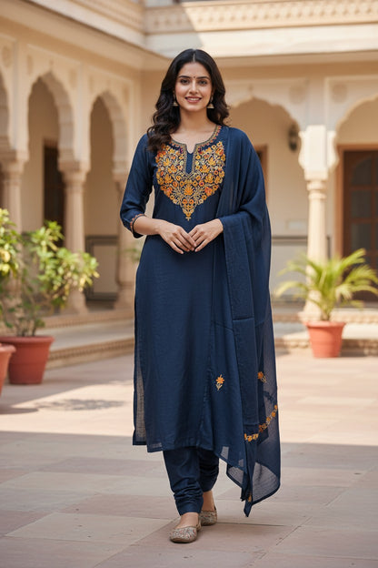 Women Silk Suits with Kashmiri Embroidery Three Piece Suit- Navy Blue