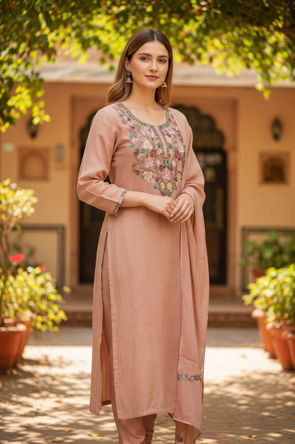 Women Silk Suits with Kashmiri Embroidery Three Piece Suit- Camel