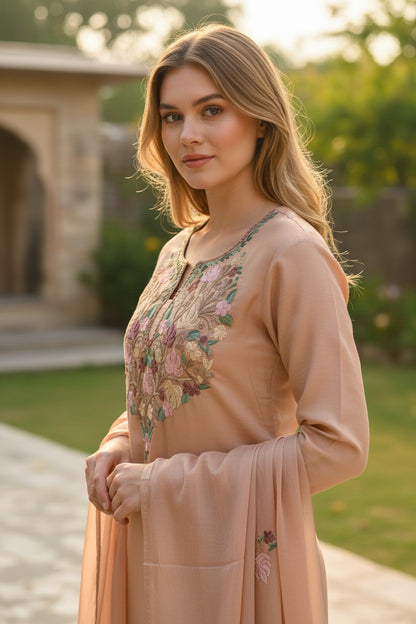 Women Silk Suits with Kashmiri Embroidery Three Piece Suit- Camel