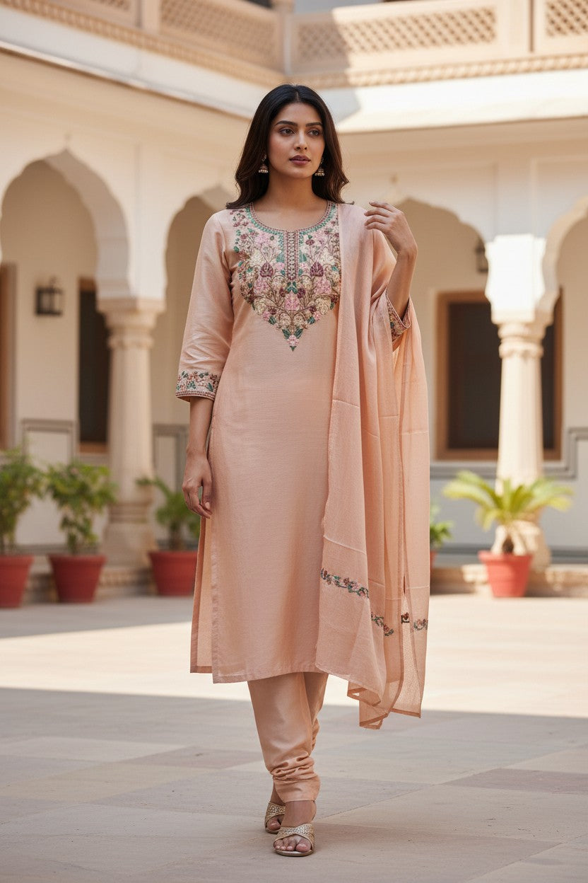 Women Silk Suits with Kashmiri Embroidery Three Piece Suit- Camel