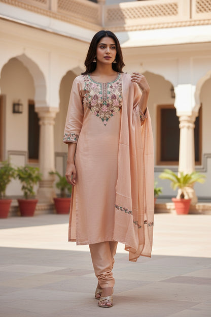 Women Silk Suits with Kashmiri Embroidery Three Piece Suit- Camel