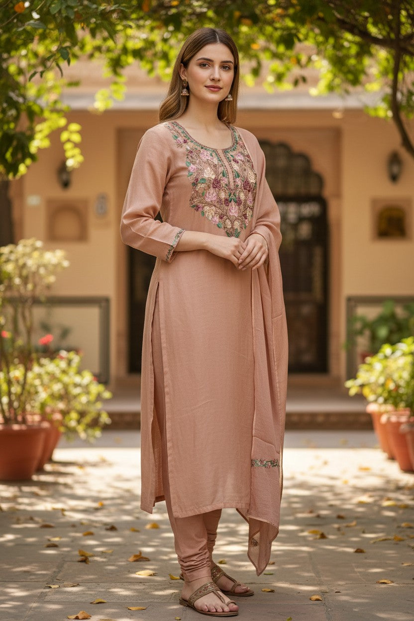 Women Silk Suits with Kashmiri Embroidery Three Piece Suit- Camel