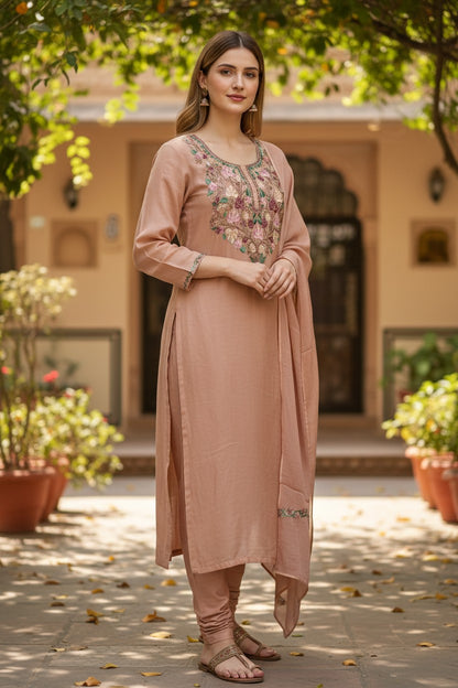 Women Silk Suits with Kashmiri Embroidery Three Piece Suit- Camel