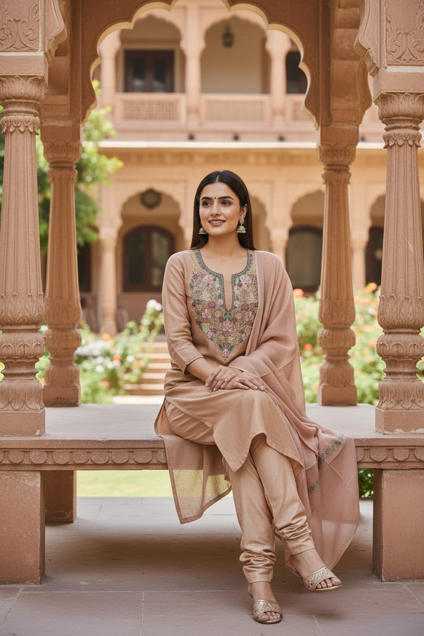 Women Silk Suits with Kashmiri Embroidery Three Piece Suit- Camel