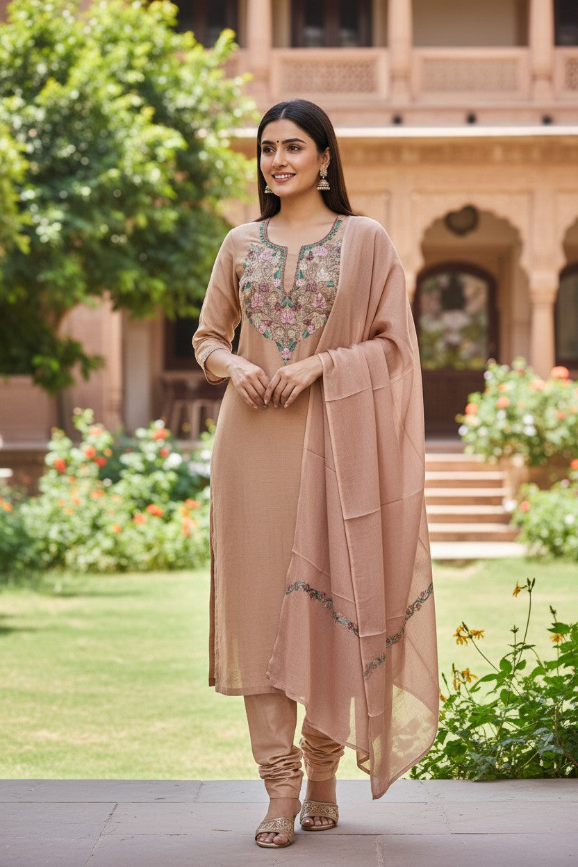 Women Silk Suits with Kashmiri Embroidery Three Piece Suit- Camel