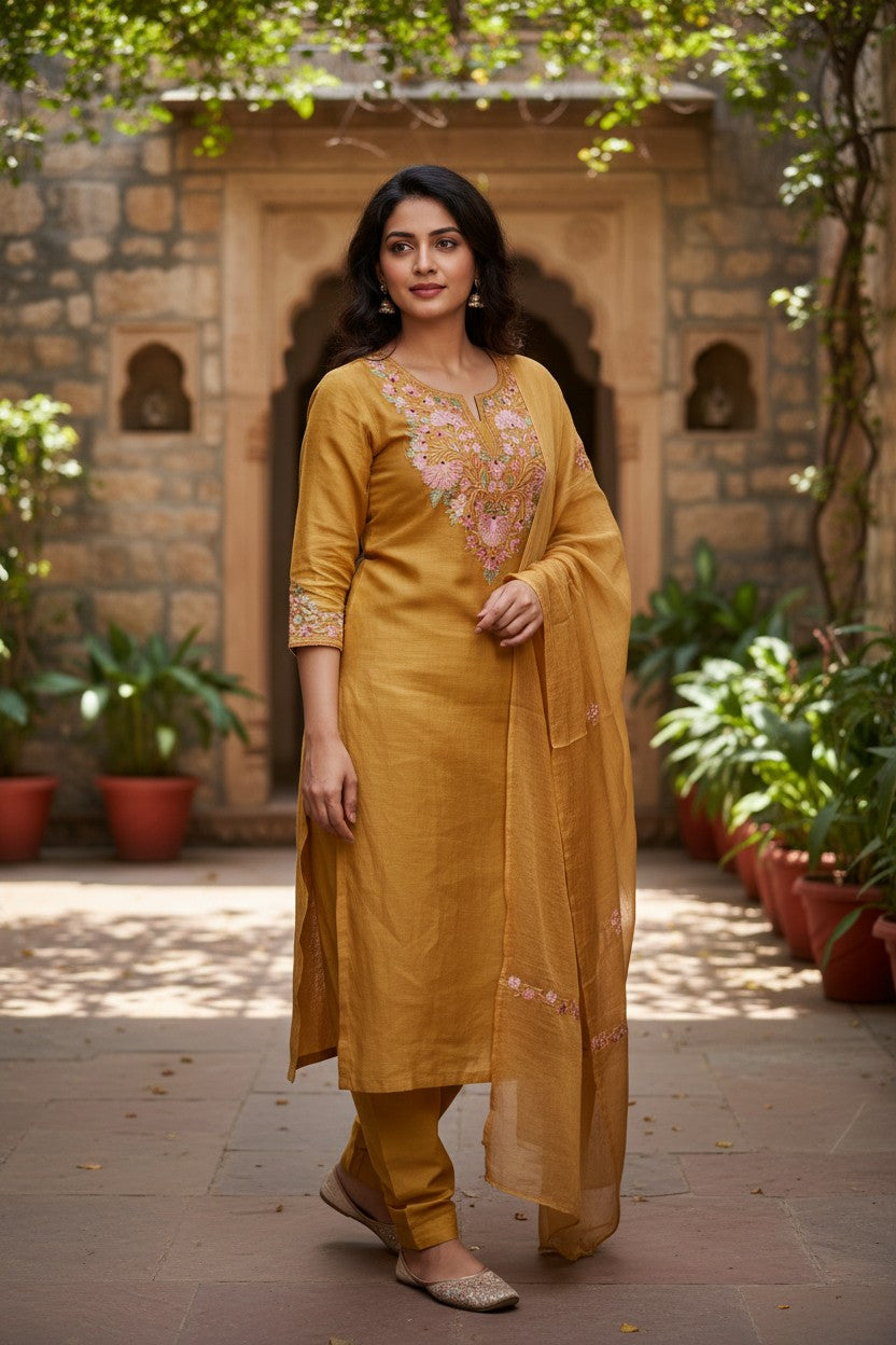 Women Silk Suits with Kashmiri Embroidery Three Piece Suit- Yellow
