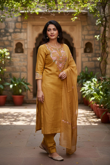 Women Silk Suits with Kashmiri Embroidery Three Piece Suit- Yellow