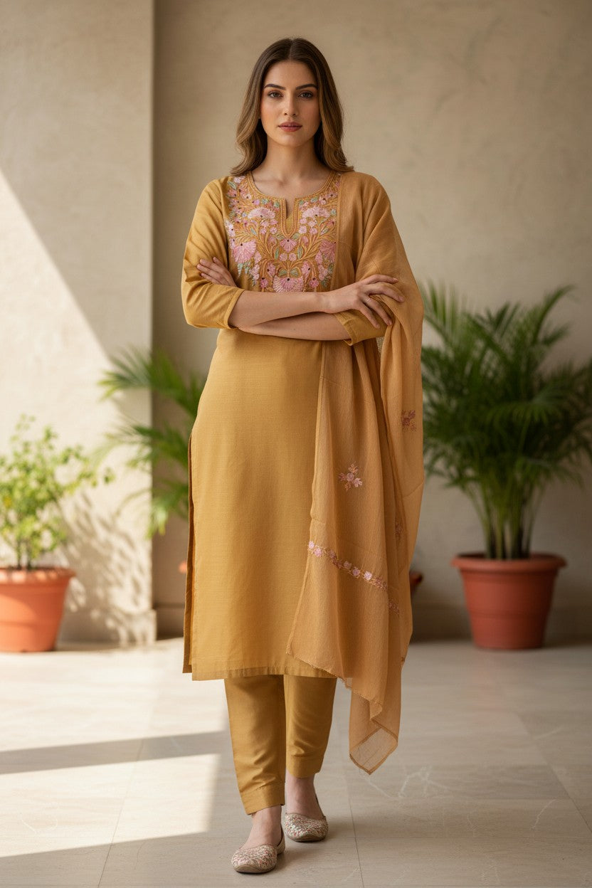 Women Silk Suits with Kashmiri Embroidery Three Piece Suit- Yellow