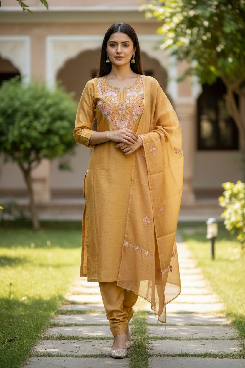 Women Silk Suits with Kashmiri Embroidery Three Piece Suit- Yellow