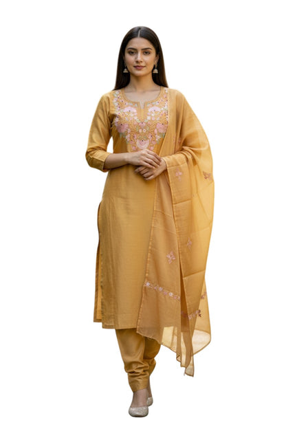 Women Silk Suits with Kashmiri Embroidery Three Piece Suit- Yellow