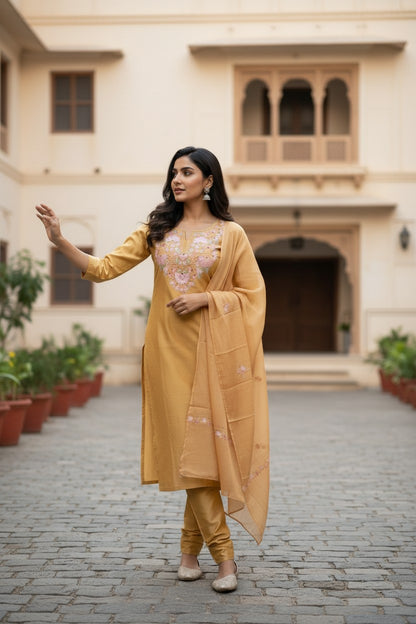 Women Silk Suits with Kashmiri Embroidery Three Piece Suit- Yellow