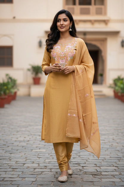 Women Silk Suits with Kashmiri Embroidery Three Piece Suit- Yellow
