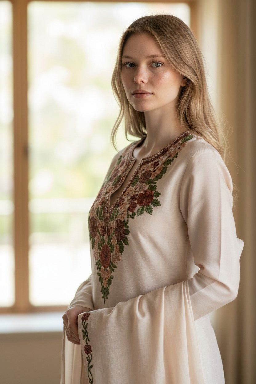 Women Silk Suits with Kashmiri Embroidery Three Piece Suit- Cream
