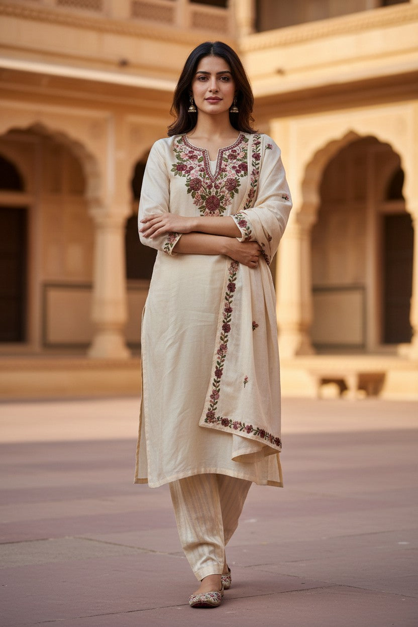 Women Silk Suits with Kashmiri Embroidery Three Piece Suit- Cream