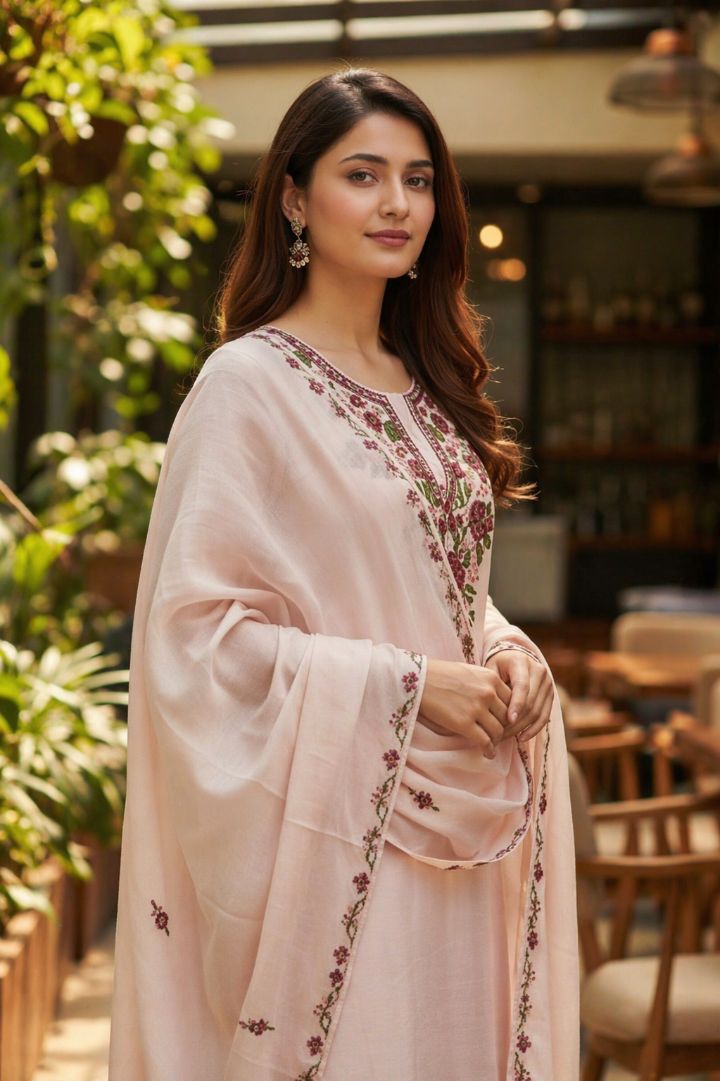 Women Silk Suits with Kashmiri Embroidery Three Piece Suit- Cream