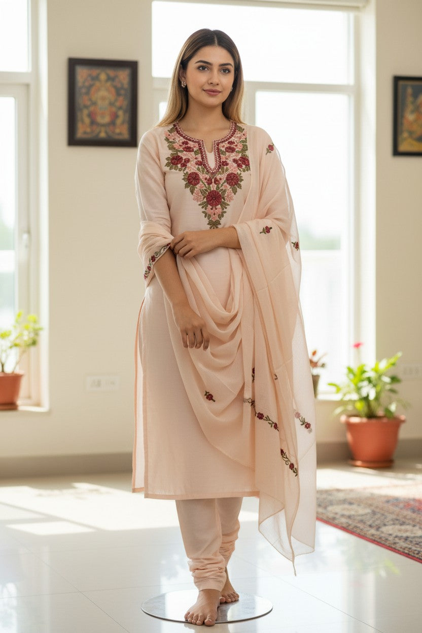 Women Silk Suits with Kashmiri Embroidery Three Piece Suit- Cream