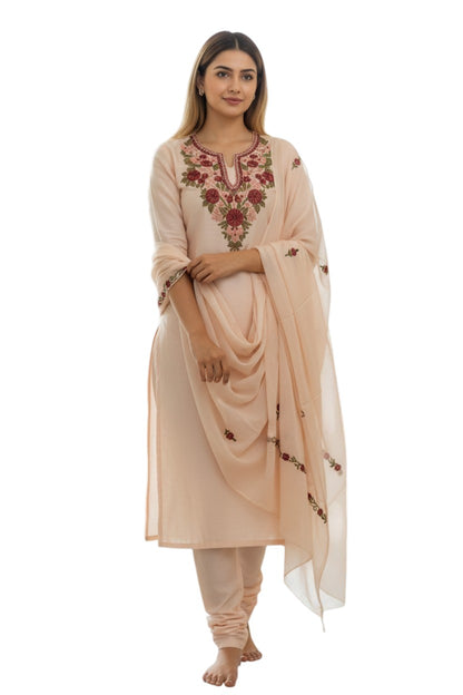 Women Silk Suits with Kashmiri Embroidery Three Piece Suit- Cream