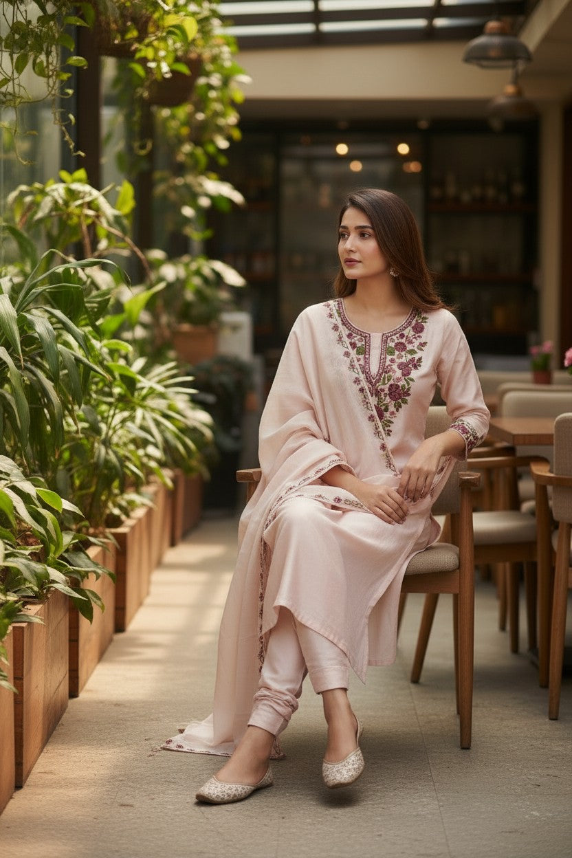 Women Silk Suits with Kashmiri Embroidery Three Piece Suit- Cream