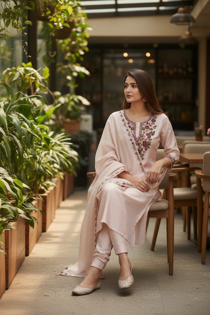 Women Silk Suits with Kashmiri Embroidery Three Piece Suit- Cream