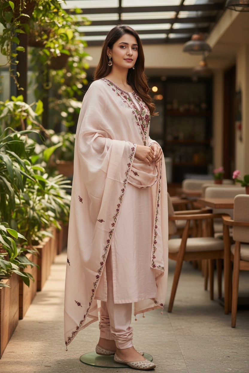 Women Silk Suits with Kashmiri Embroidery Three Piece Suit- Cream