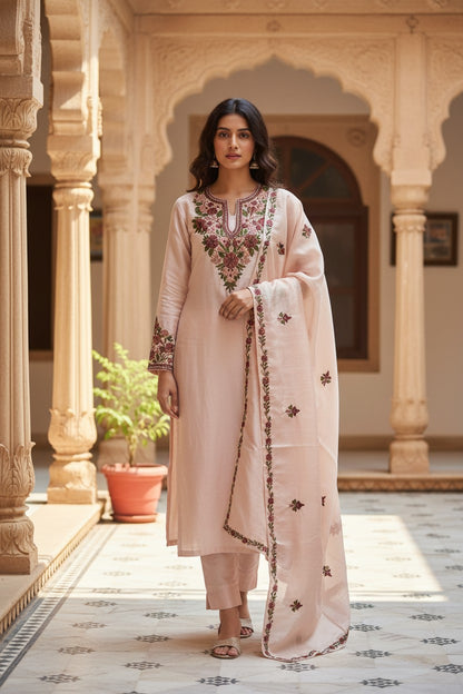 Women Silk Suits with Kashmiri Embroidery Three Piece Suit- Cream