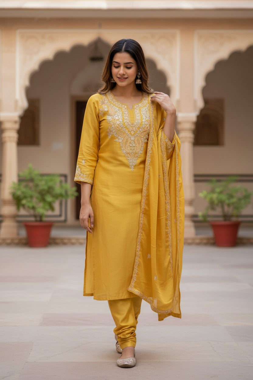 Women Silk Suits with Kashmiri Embroidery Three Piece Suit- Mustard