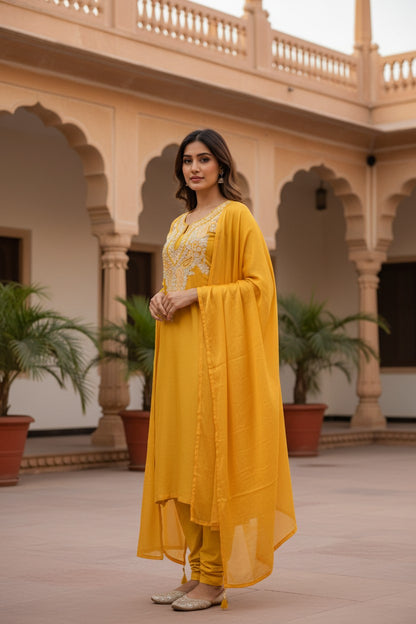 Women Silk Suits with Kashmiri Embroidery Three Piece Suit- Mustard