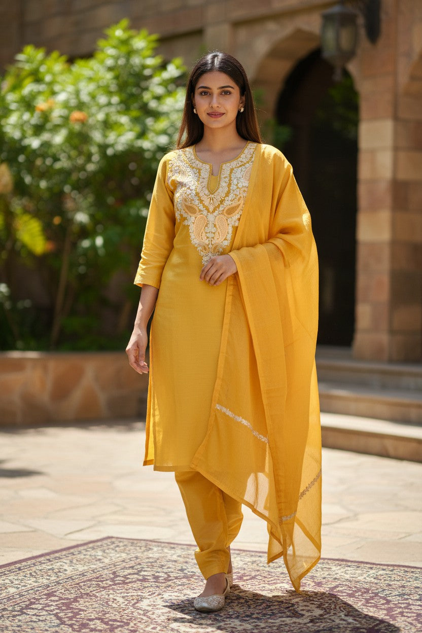Women Silk Suits with Kashmiri Embroidery Three Piece Suit- Mustard