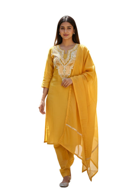 Women Silk Suits with Kashmiri Embroidery Three Piece Suit- Mustard