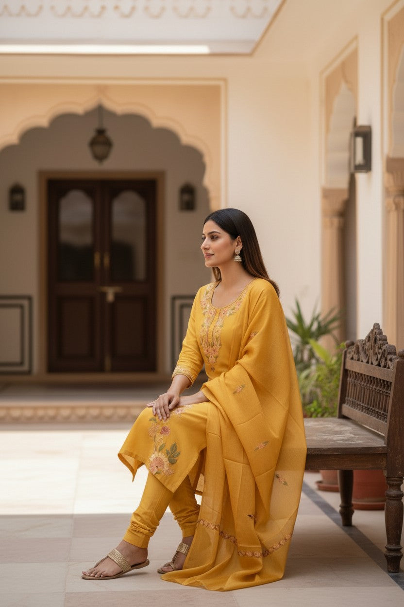 Women Silk Suits with Kashmiri Embroidery Three Piece Suit- Mustard
