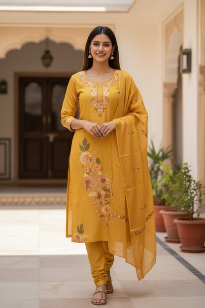 Women Silk Suits with Kashmiri Embroidery Three Piece Suit- Mustard